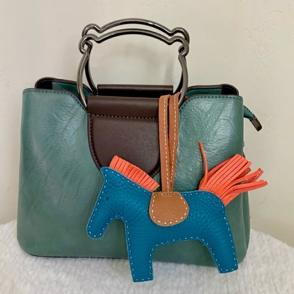 Handcrafted Color-block Genuine Leather Pony Bag Charm/Keychain